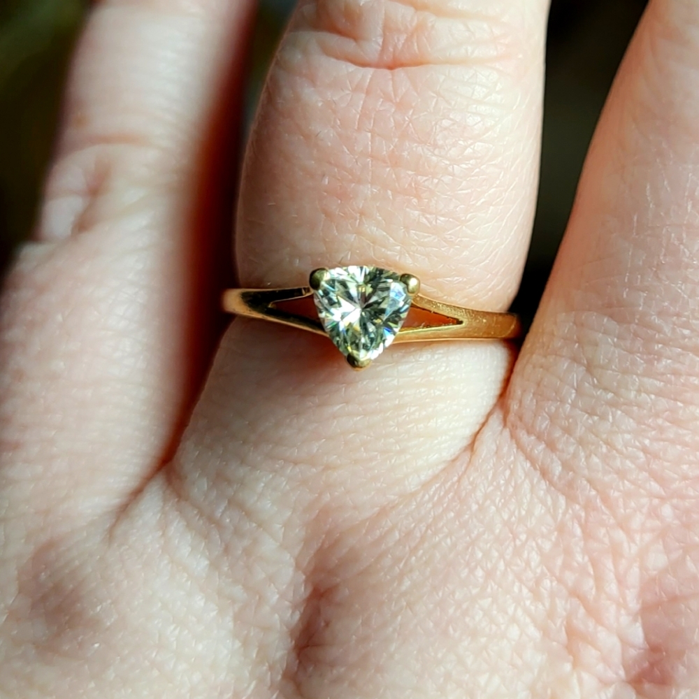 14K YELLOW GOLD MOISSANITE FIRE(R) .70CT DEW TRILLION CUT ENGAGEMENT RING